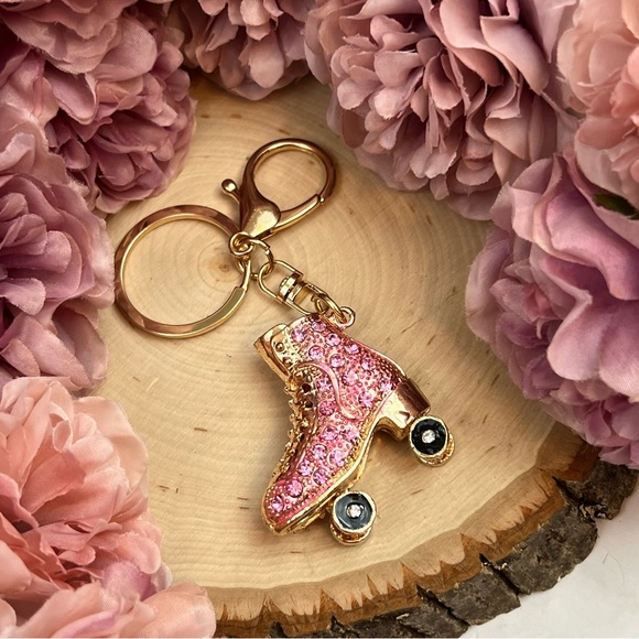 Pink and Gold Crystal Roller Skate Keychain Charm - Picture 12 of 16